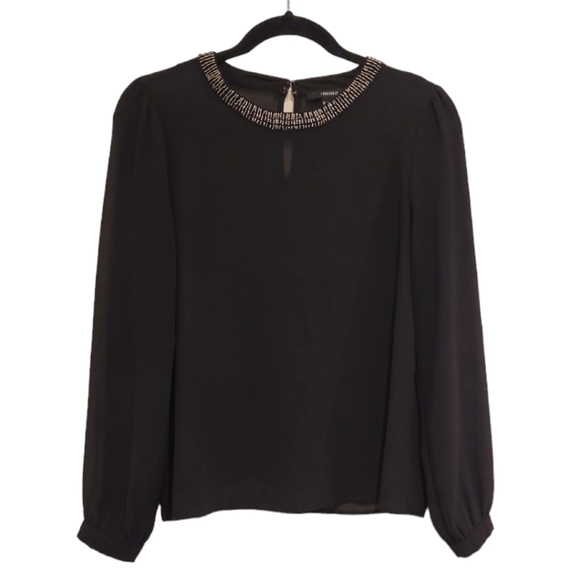 Forever 21 Embellished Rhinestone Neckline Black Sheer Long Sleeve Blouse Top - Picture 1 of 8